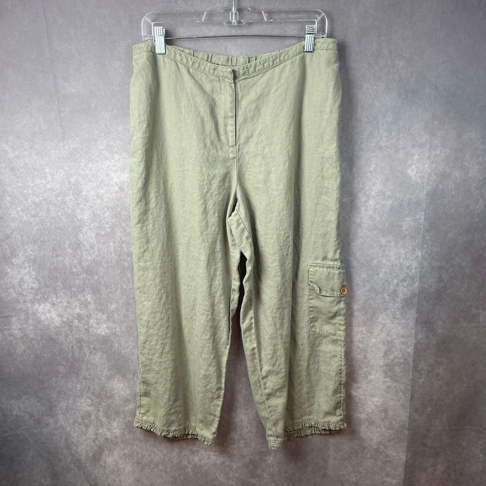 J. Jill Pants Womens Medium Khaki 100% Linen Lagenlook Ruffle Hem Wide Leg